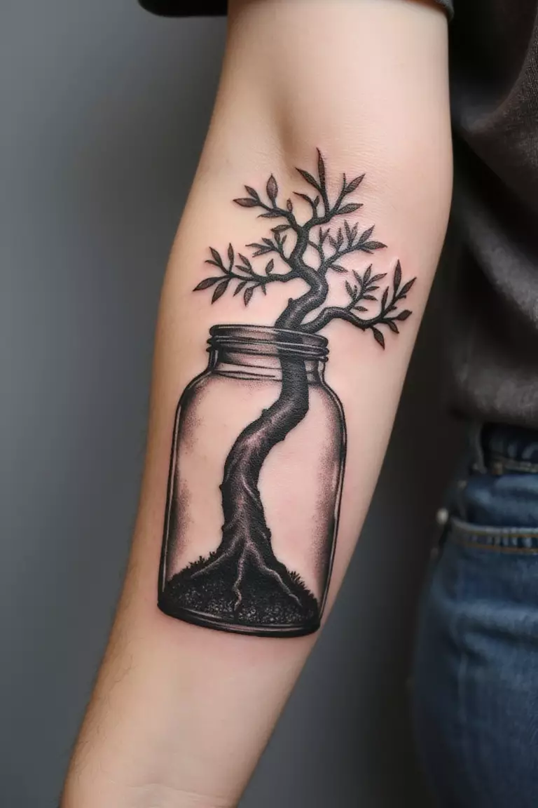 A close-up shot of a woman showing her black ink bonsai tree growing inside a clear glass bottle tattoo design on her arm