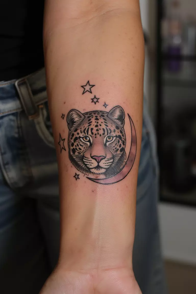 A photo of a woman showing her mystical leopard tattoo framed by a crescent moon and stars on her forearm