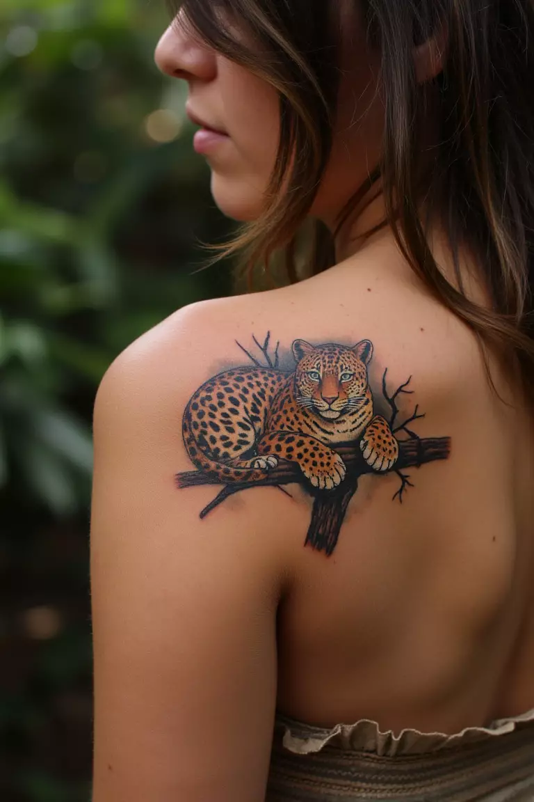 A photo of a woman showing her leopard tattoo on her shoulder, featuring a leopard resting on a tree branch gazing into the distance