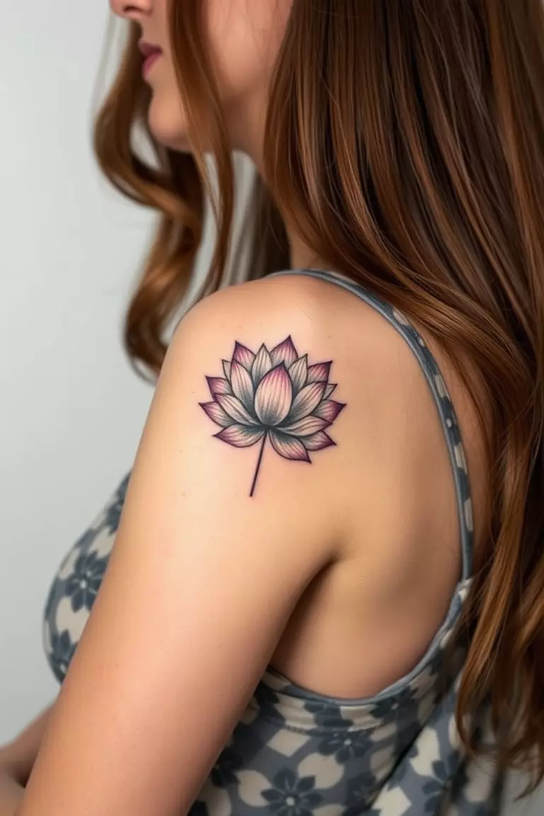 A close-up photo of a woman showing her realistic lotus flower arm tattoo design.  