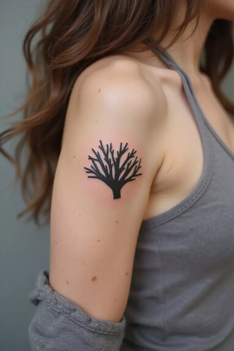A close-up shot of a woman showing her black ink minimalist coral silhouette tattoo design on her arm