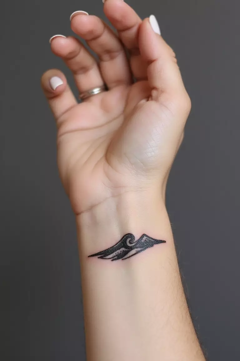 A close-up shot of a woman showing her black ink simple single line wave tattoo design on her side wrist