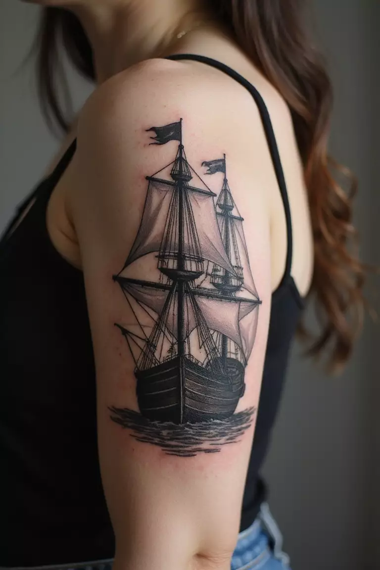 Ship A close-up shot of a woman showing her black ink full-rigged ship sailing tattoo design on her arm