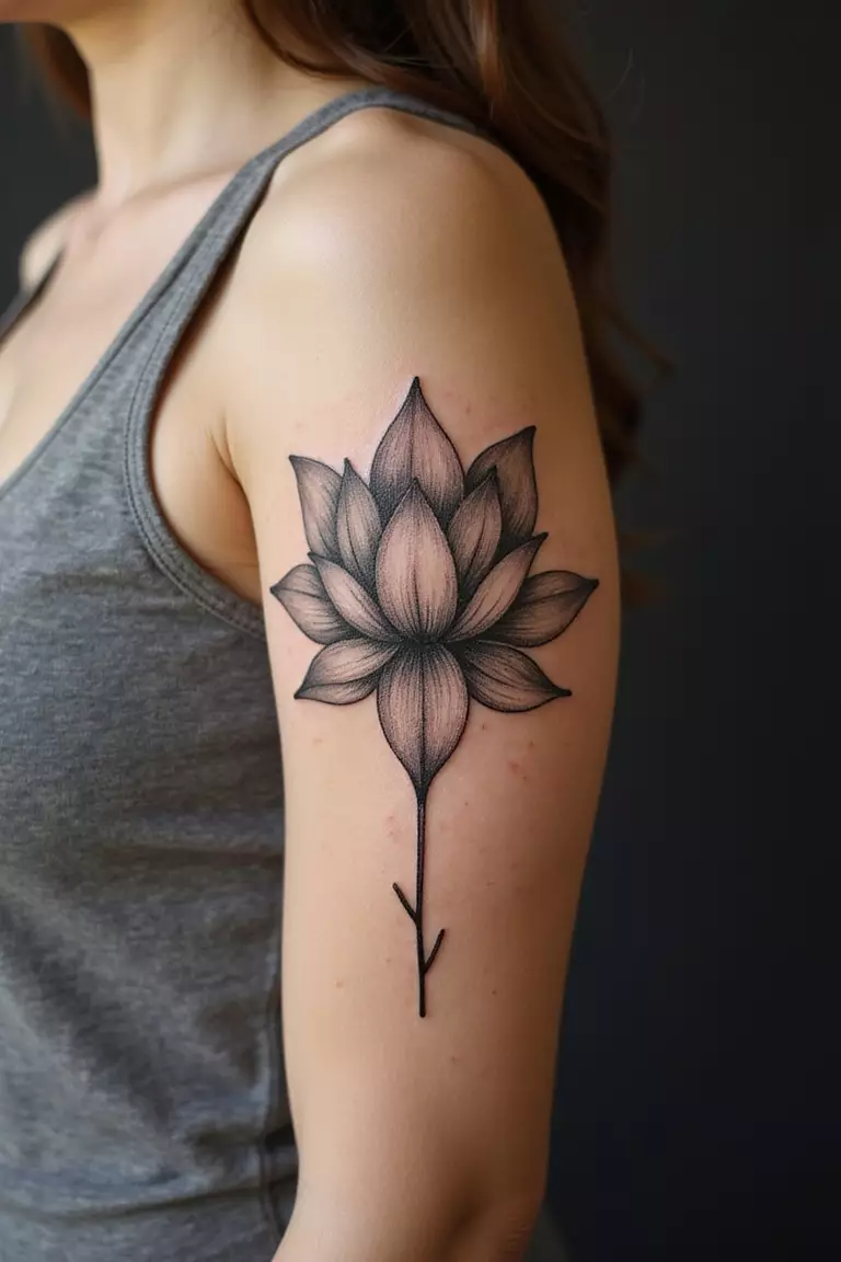 A close-up shot of a woman showing her black ink lotus flower for rebirth tattoo on her arm