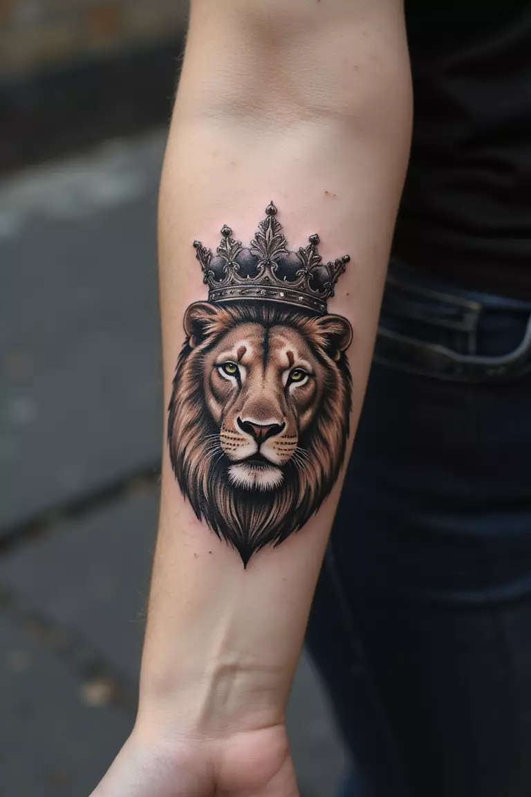 A close-up shot of a woman's arm with a black ink tattoo of a regal lion wearing an ornate crown.