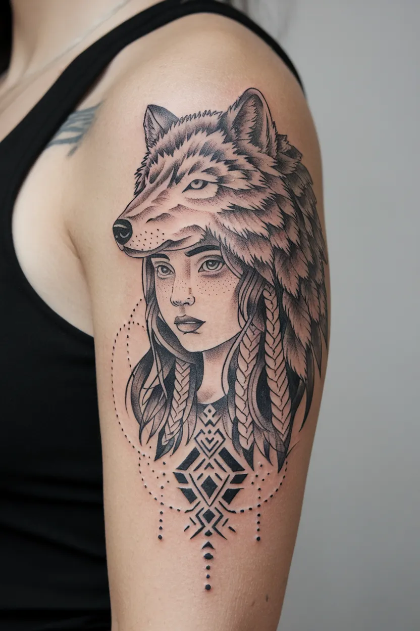 Girl With Wolf Headdress Tattoo for Women