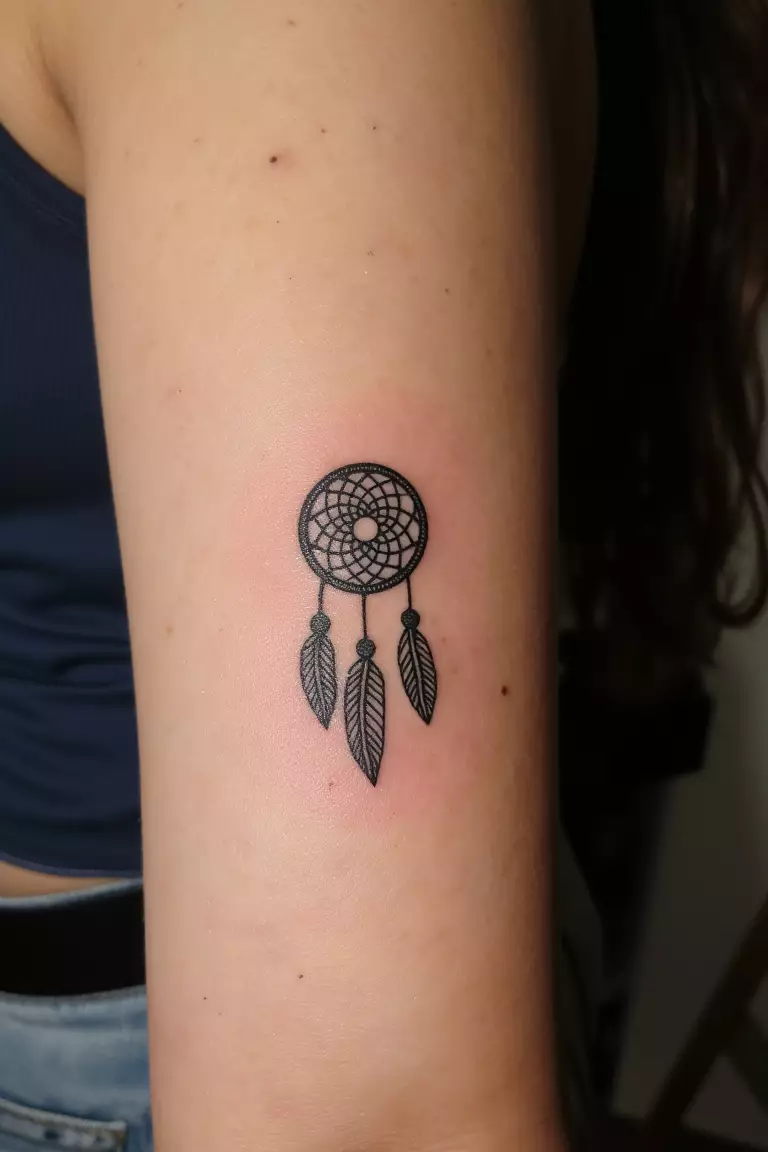 A close up shot of woman's arm with a black ink small dreamcatcher tattoo.  