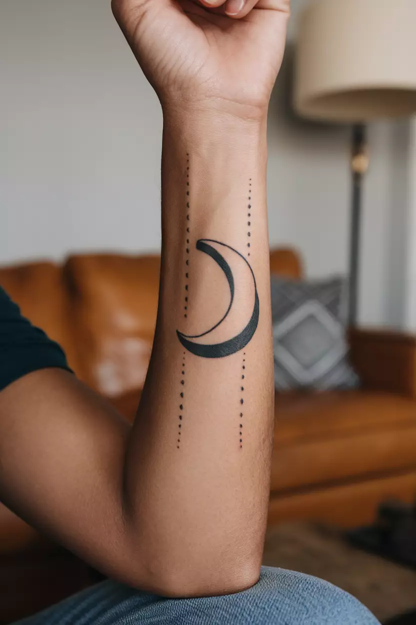 A close-up photo of a woman showing her forearm with an upside-down crescent moon tattoo, offering a unique perspective, tattoo design, living room background