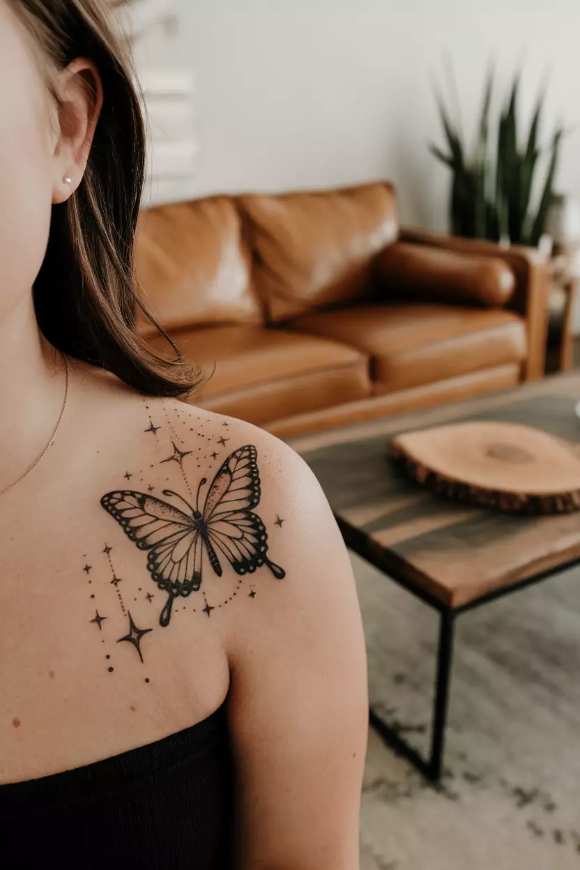 A close-up photo of a woman showing her celestial-themed black butterfly tattoo adorned with stars, tattoo design, living room background