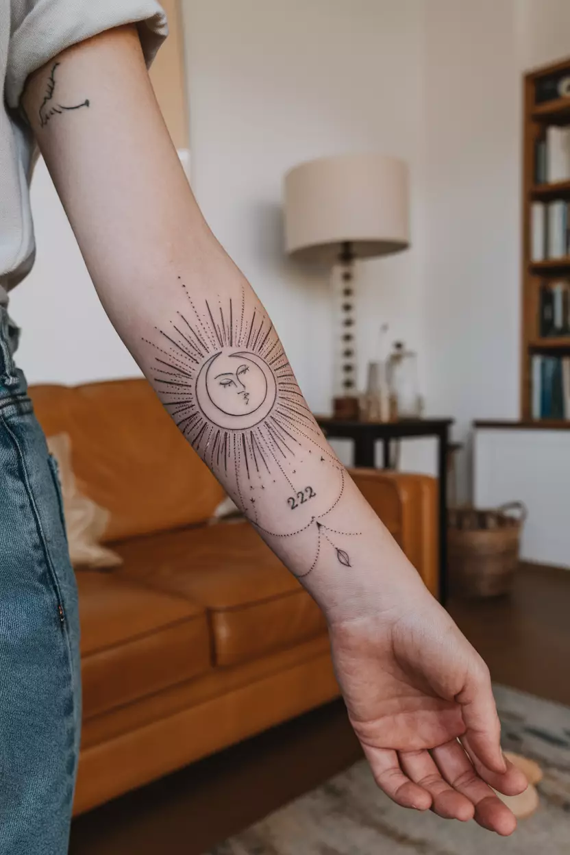 A close-up photo of a woman showing her forearm with a linework tattoo of a crescent moon embracing the sun, accompanied by the angel number 222, tattoo design, living room background