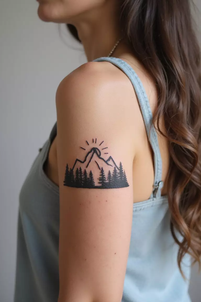 A close-up shot of a woman showing her black ink simple minimalist landscape with line art mountains and sun tattoo design on her arm