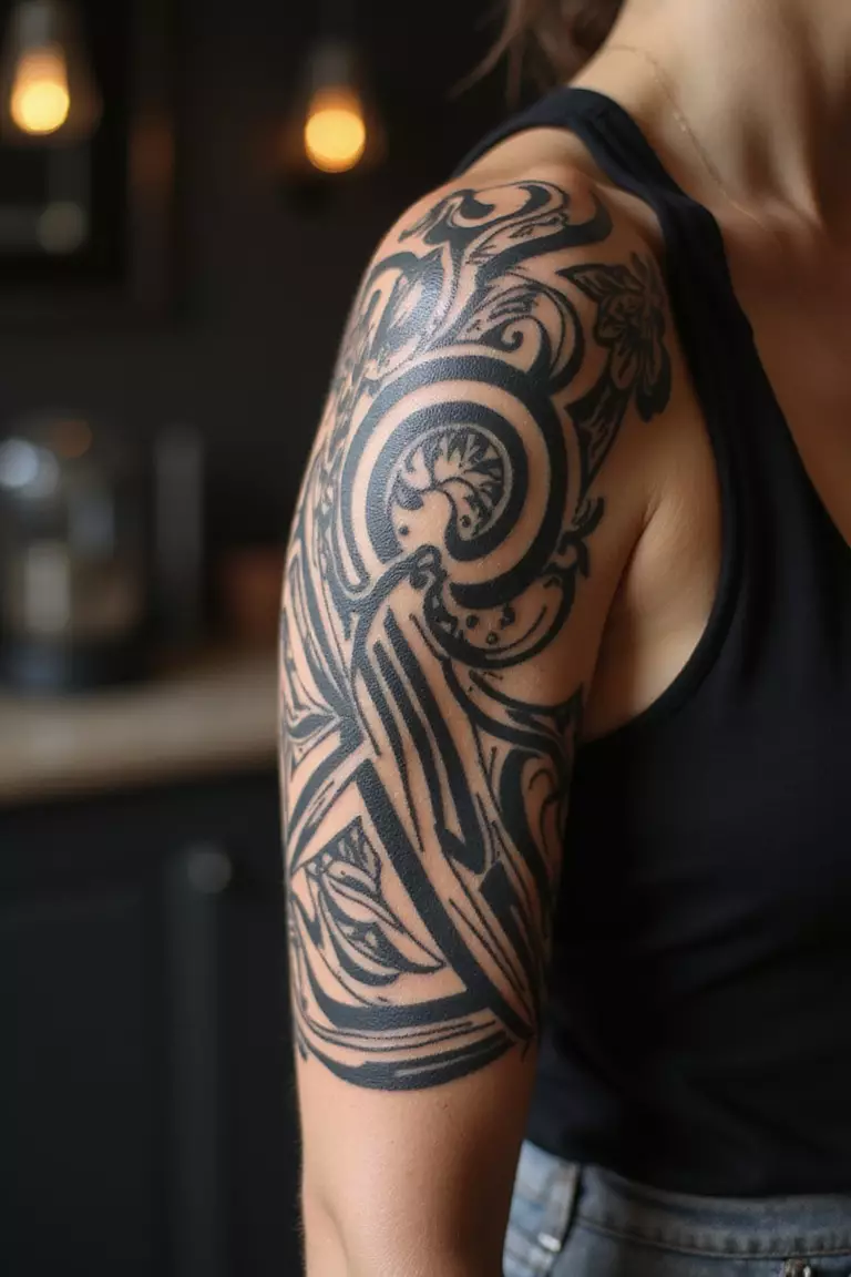 A close-up shot of a woman showing her black ink bold tribal patterns tattoo design with thick, curving lines wrapping around her arm
