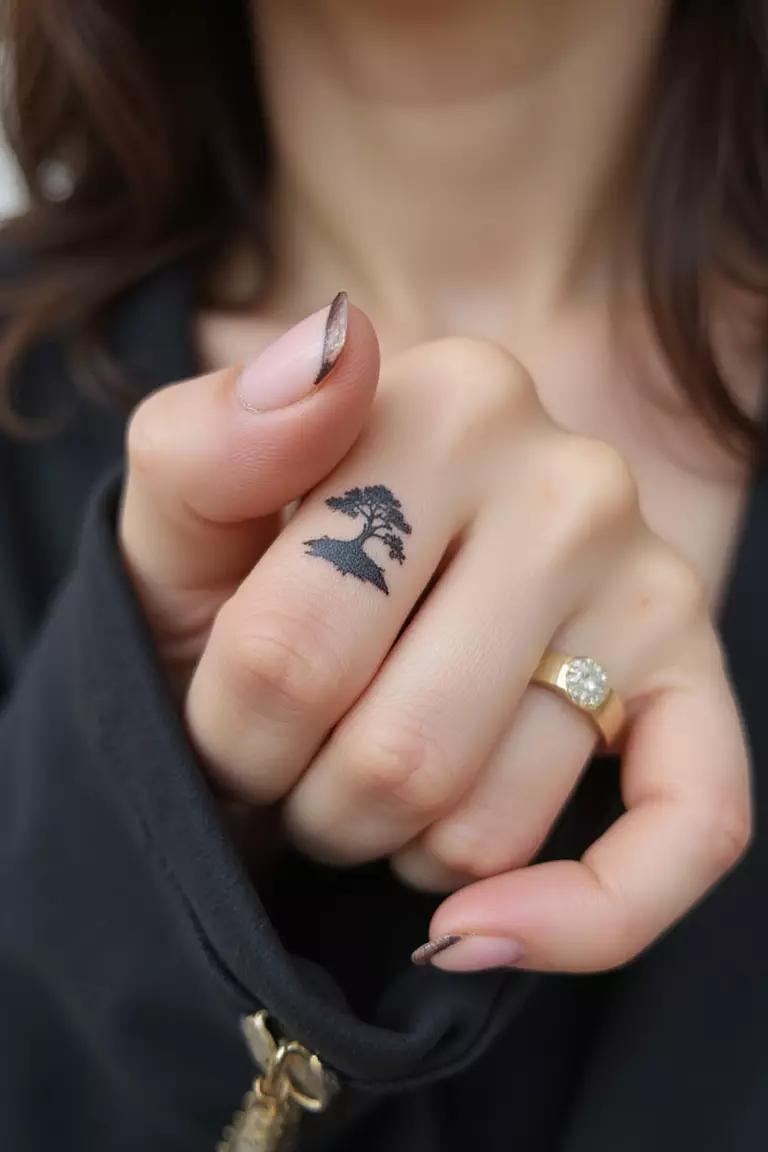 A close-up shot of a woman showing her black ink tiny minimalist bonsai tree tattoo design on her finger