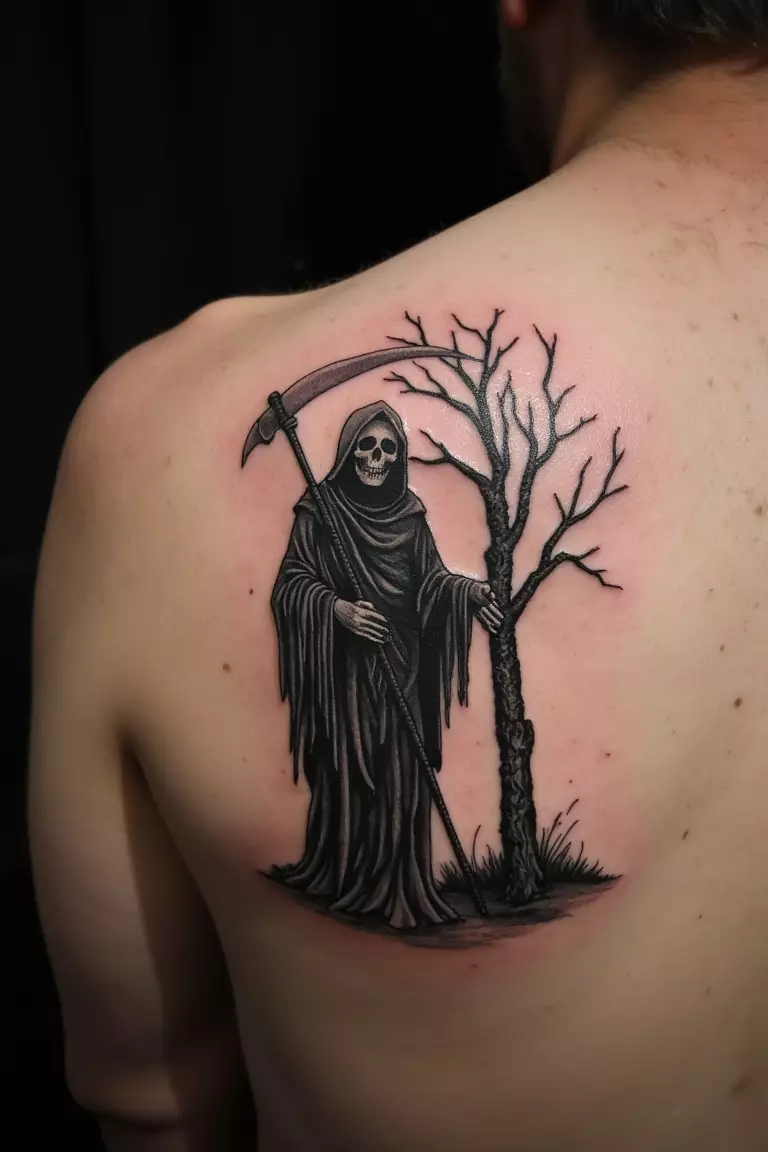 A close up shot of man's shoulder with a black ink grim reaper standing under a lifeless tree tattoo  