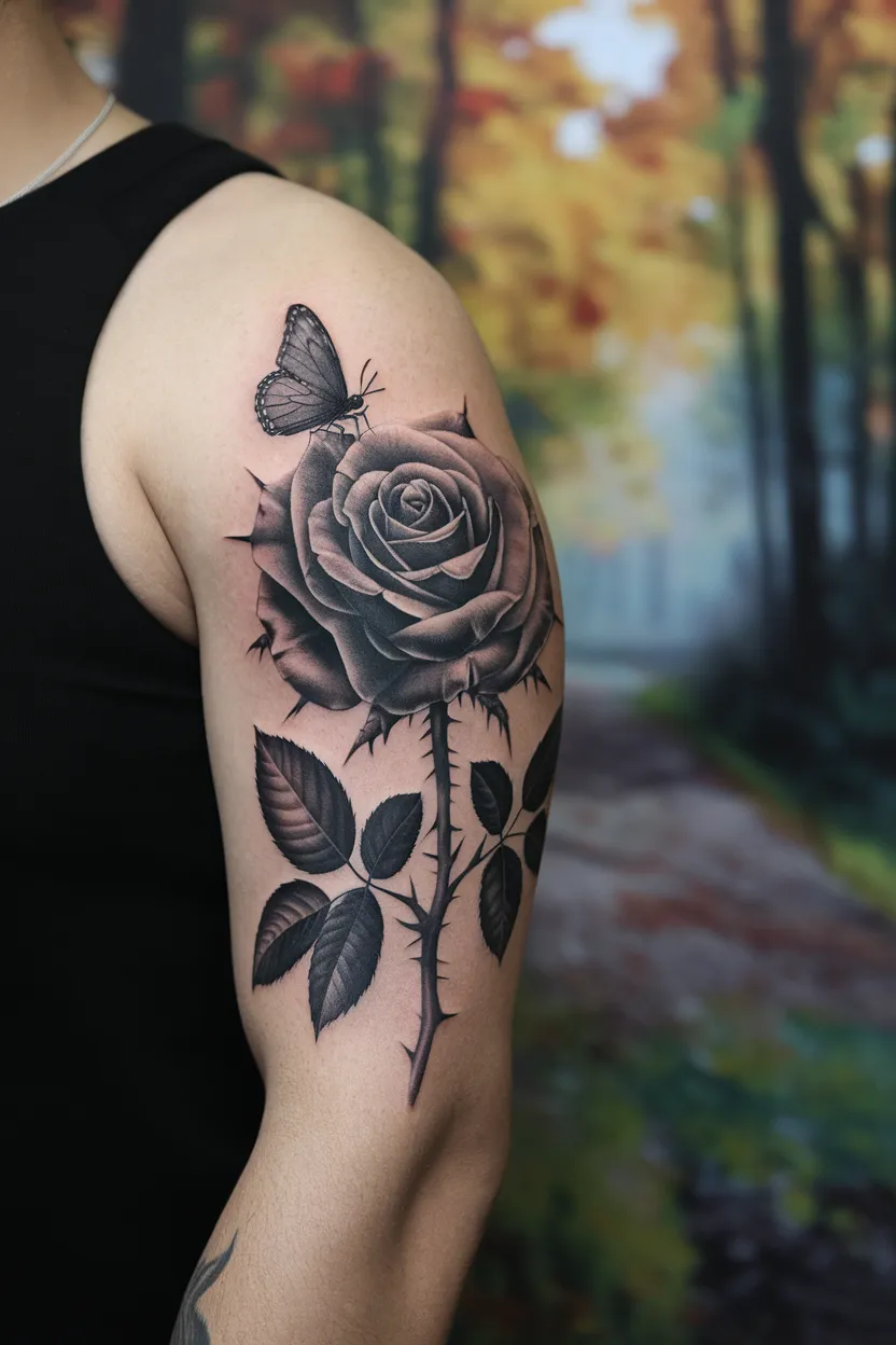 Realistic Arm Tattoo of Black Rose and Butterfly