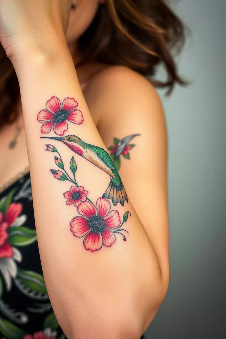 Floral Hummingbird Tattoo A photo of a woman with a floral hummingbird tattoo on her forearm, surrounded by vibrant flowers