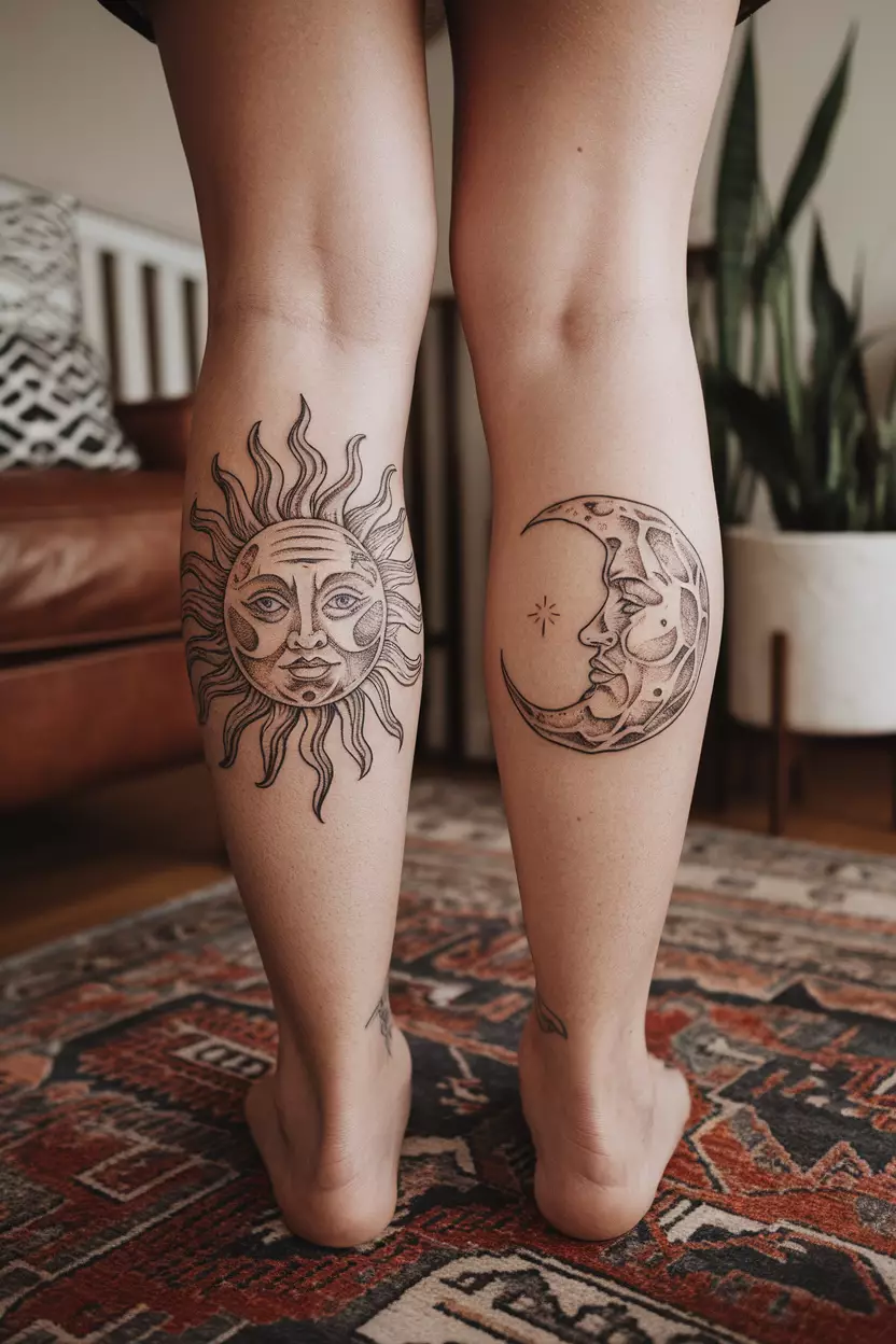 A close-up photo of a woman showing the back of her leg with two separate linework tattoos of a wrinkled, expressive sun and moon, tattoo design, living room background