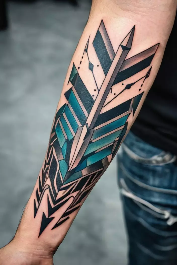 A close-up photo of a man showing his geometrical arrow layout style tattoo, showcasing a creative arrangement of arrows formed with geometric shapes.  