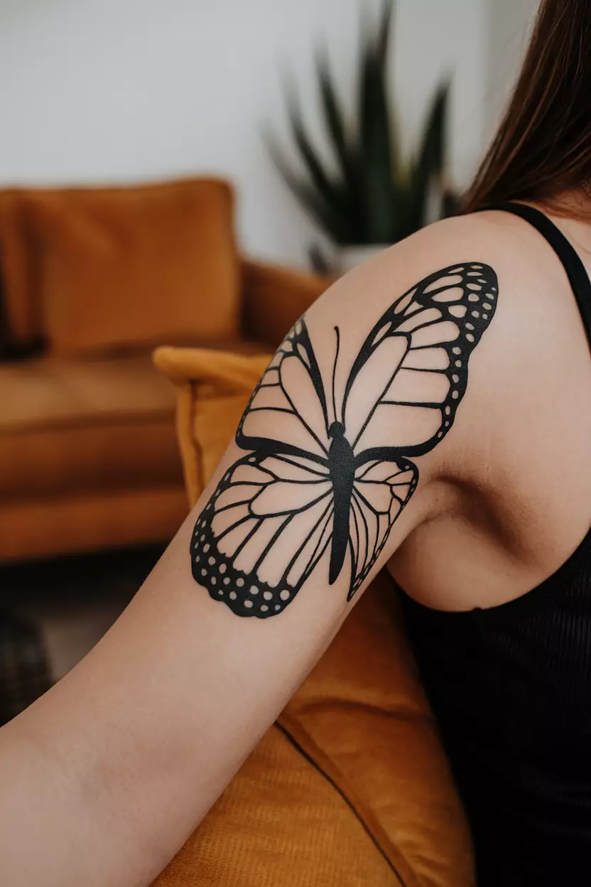 A close-up photo of a woman showing her bold black butterfly silhouette tattoo that stands out against the skin for a striking effect, tattoo design, living room background