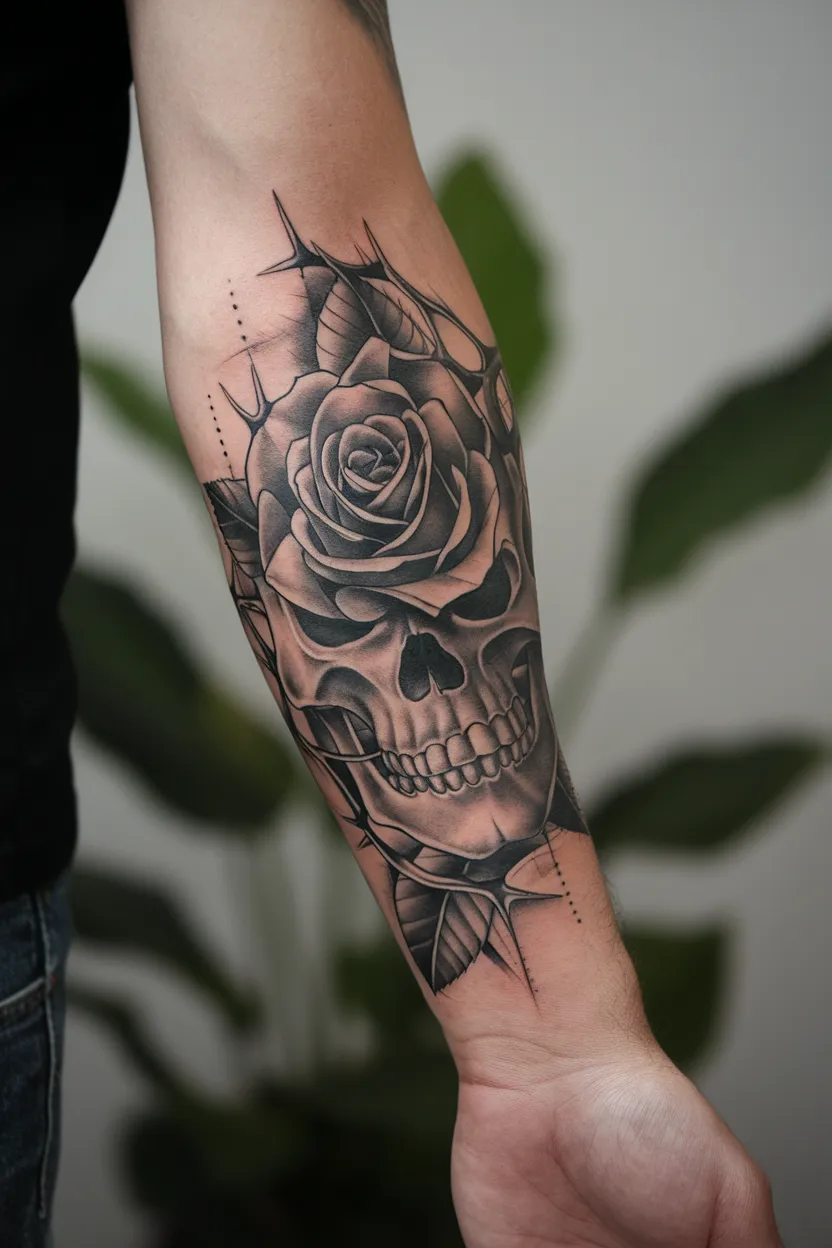 Black and Gray Tattoo of Rose on Forearm
