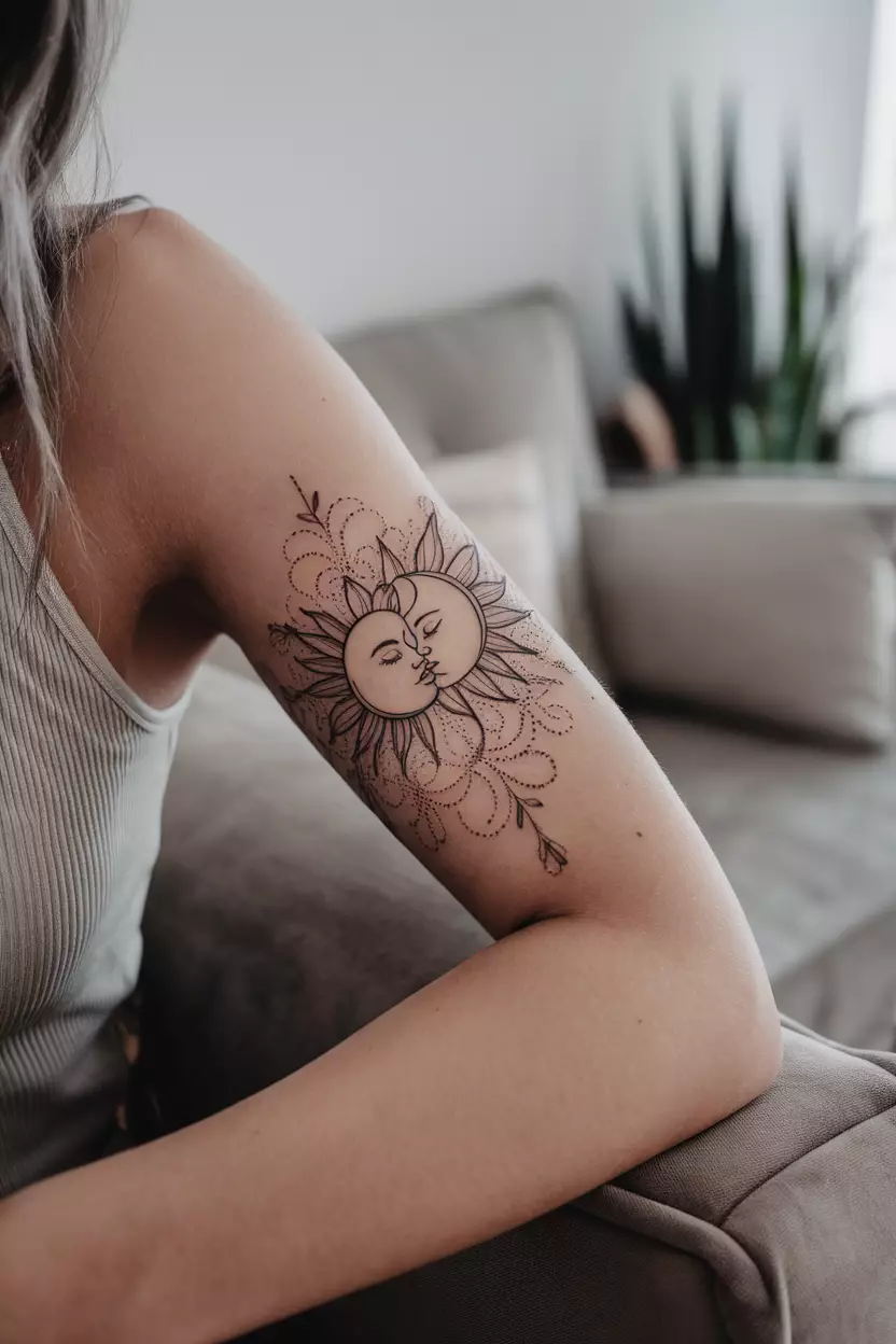 A close-up photo of a woman showing her arm with a delicate linework tattoo depicting the sun and moon kissing, surrounded by ornamental flourishes, tattoo design, living room background