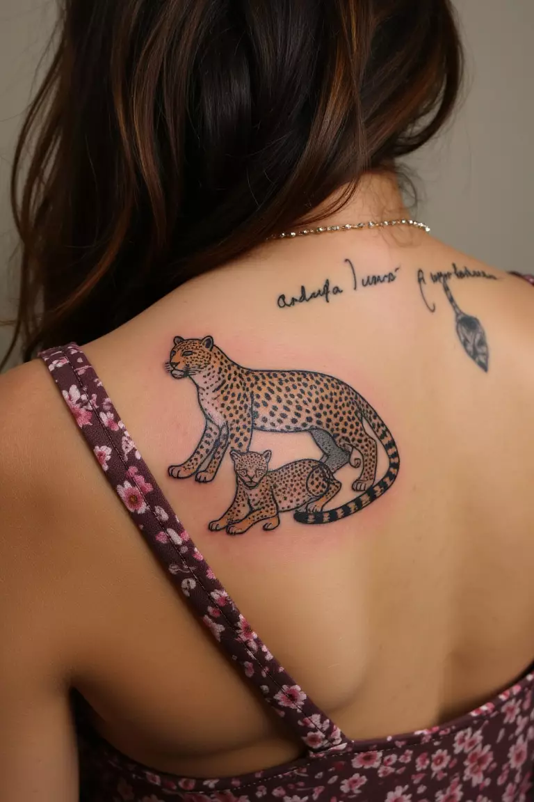 A photo of a woman showing her sentimental leopard tattoo depicting a mother leopard and cubs in a nurturing pose on her shoulder blade