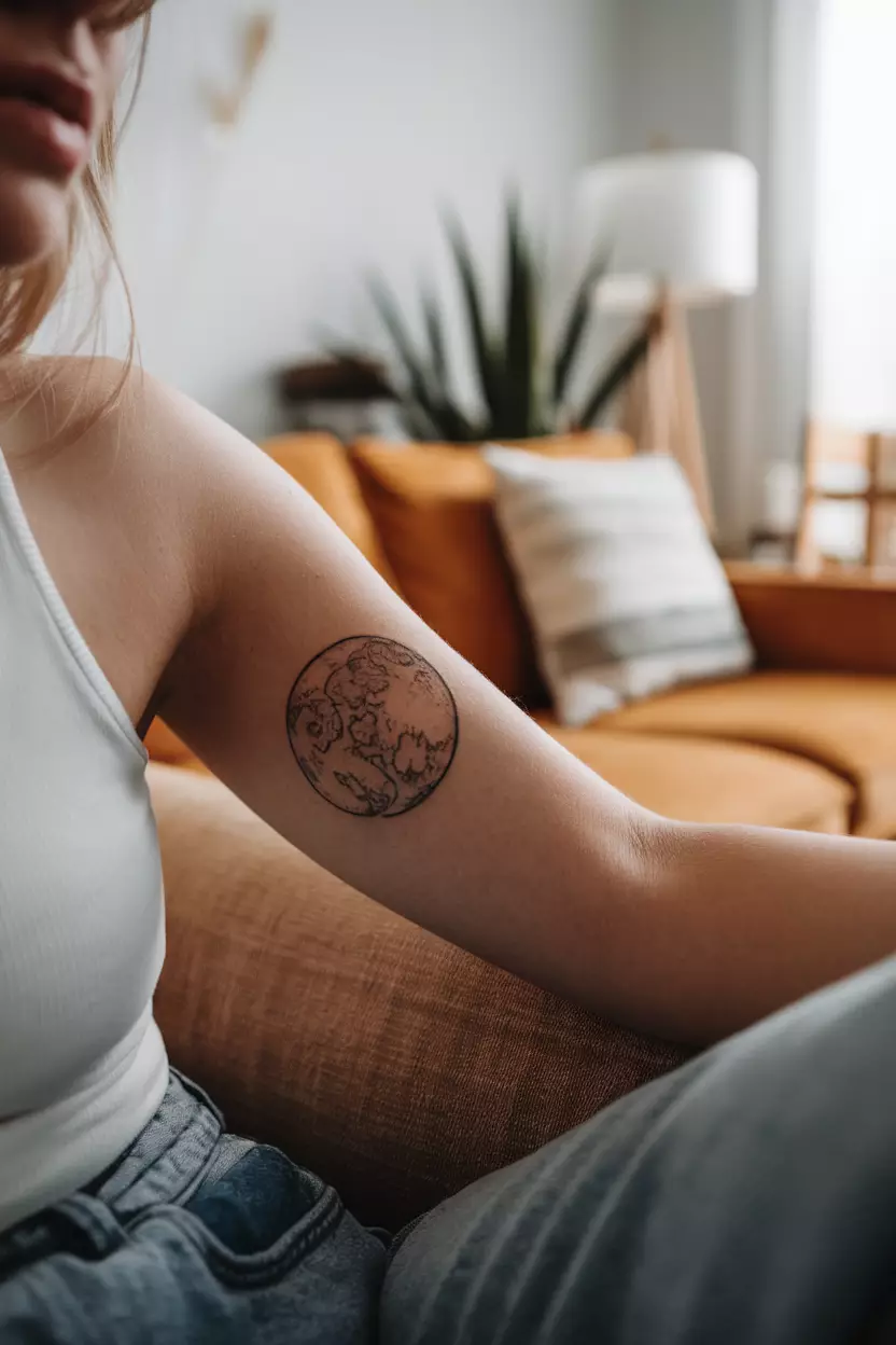 A close-up photo of a woman showing her tattoo of a moon that looks like a hand-drawn sketch, tattoo design, living room background
