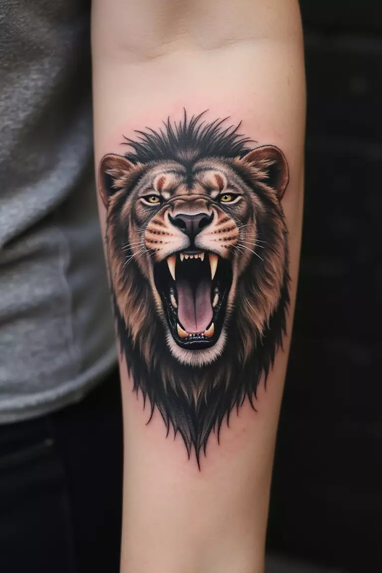 A close-up shot of a woman's arm with a black ink tattoo of a fierce lion caught mid-roar, showing its teeth and strong expression.