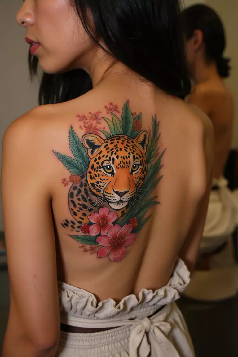 A photo of a woman showing her colorful leopard tattoo surrounded by tropical flowers and leaves on her upper back