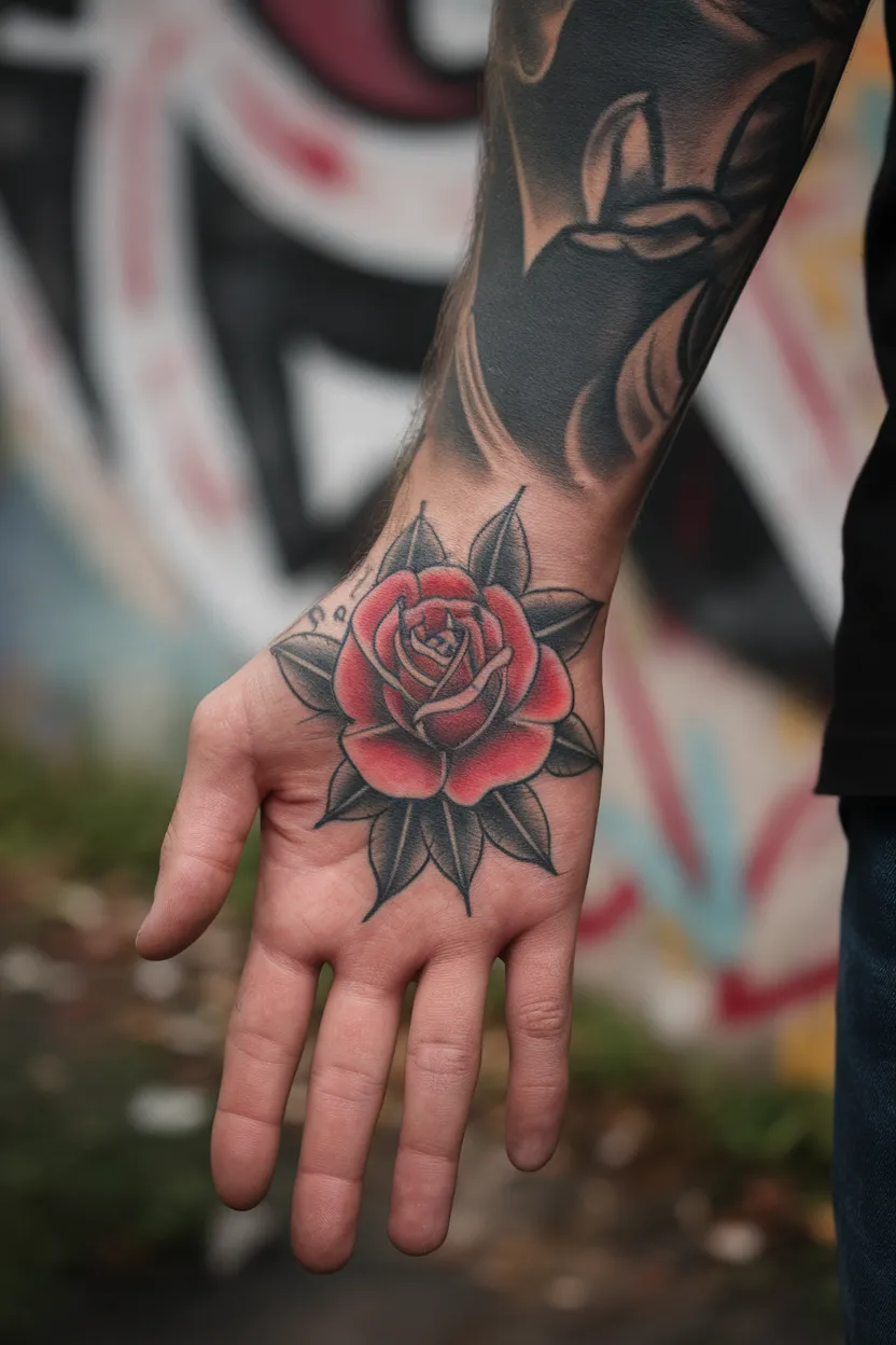 Old School Rose Hand Tattoo