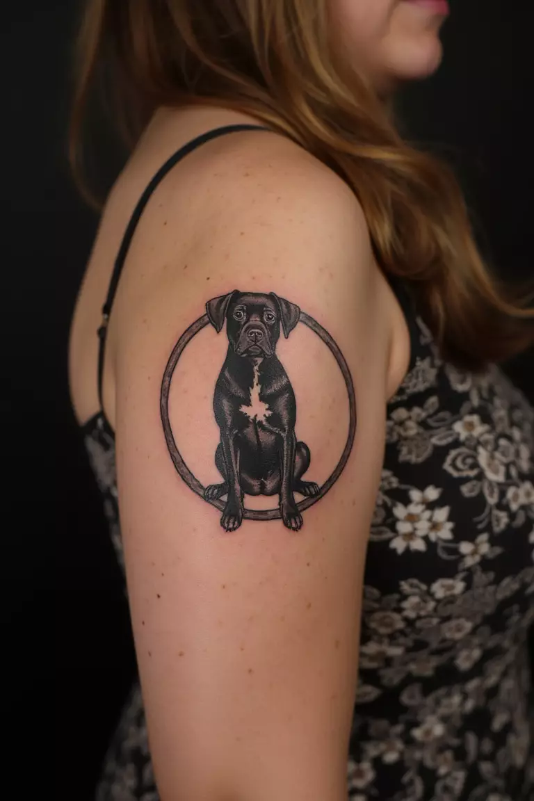 A close up shot of a woman showing her black ink dog sitting inside a circle frame tattoo on her arm  