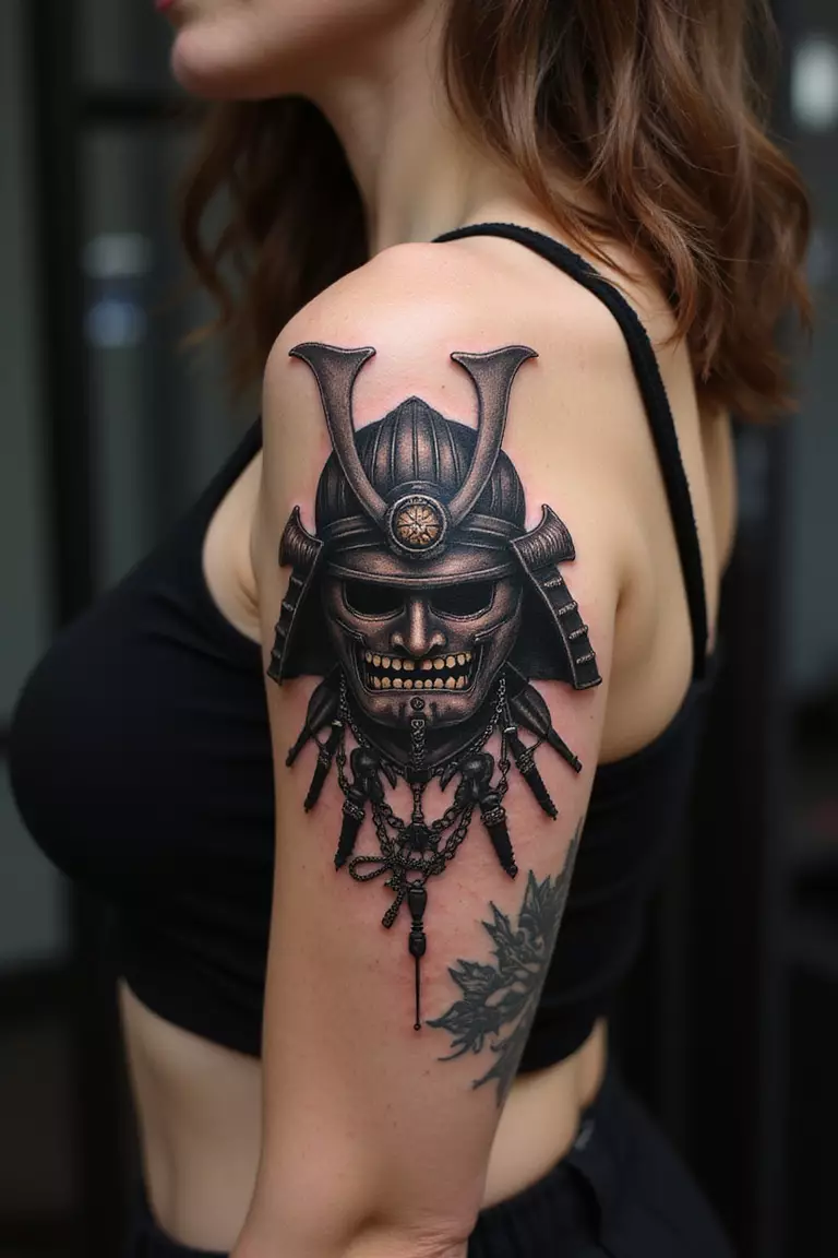 A close-up shot of a woman showing her black ink samurai helmet tattoo on her arm