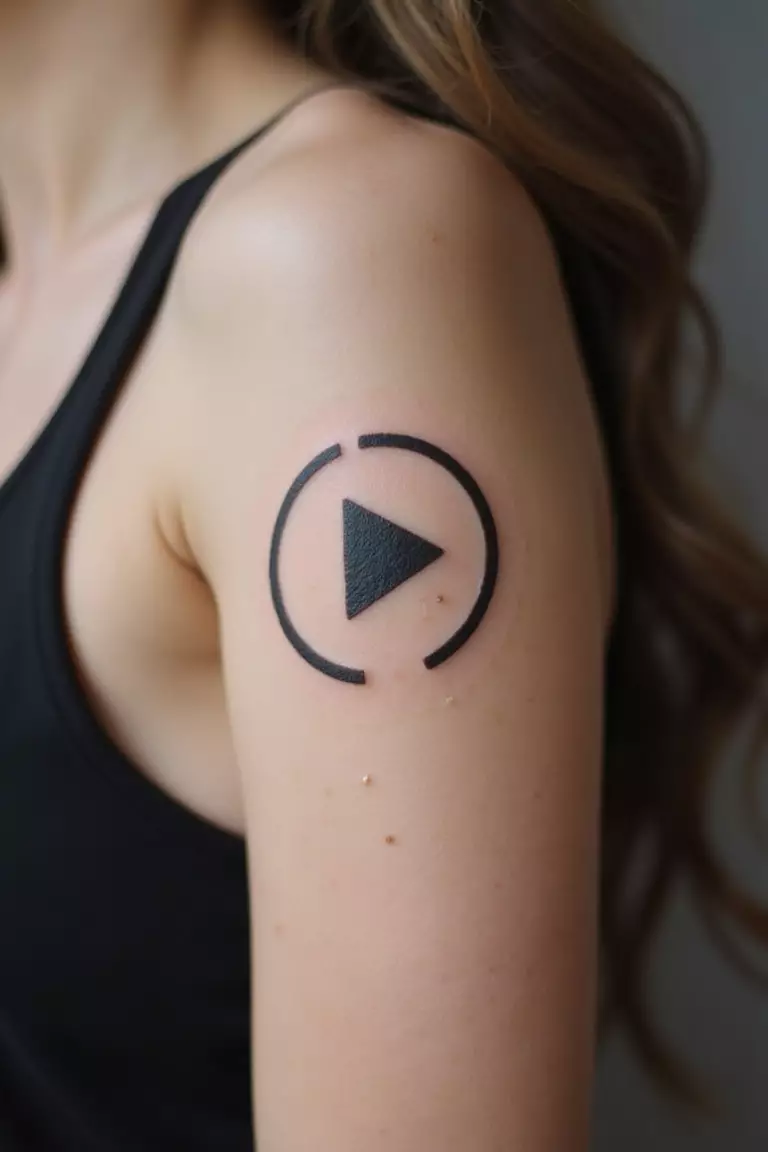 A close-up shot of a woman showing her black ink minimalist play button symbol tattoo on her arm.
