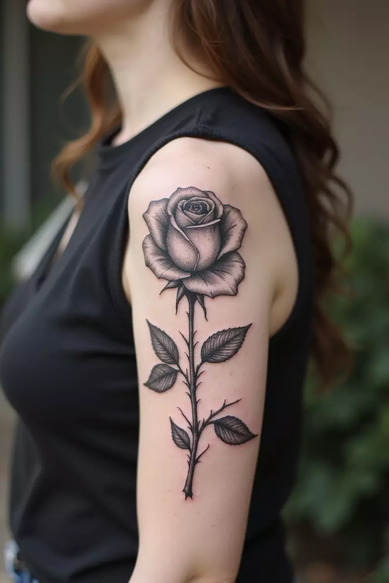 A close-up shot of a woman showing her black ink rose tattoo focusing on detailed thorns along the stem on her arm.
