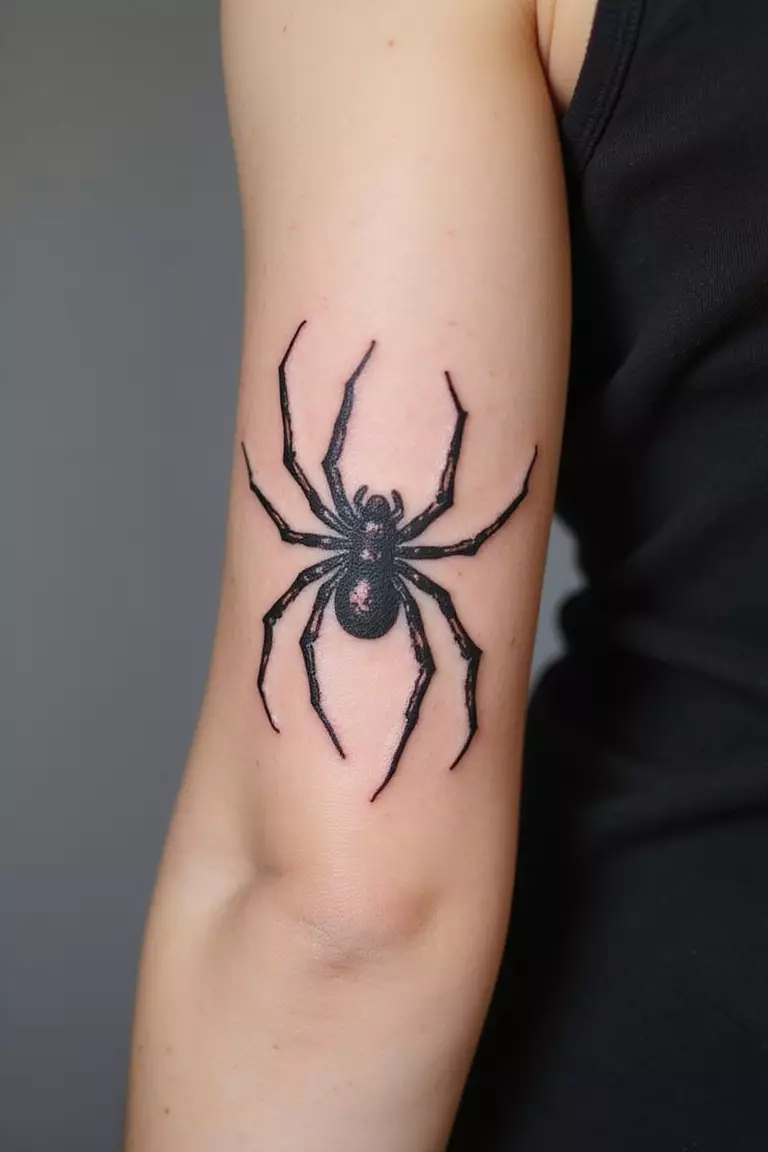 A close-up shot of a woman's arm with a black ink tattoo of an abstract spider, using flowing lines and unconventional shapes to suggest a spider form.