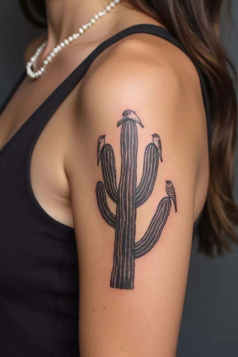A close up shot of a woman showing her black ink cactus tattoo with tiny birds perched on it on her arm  