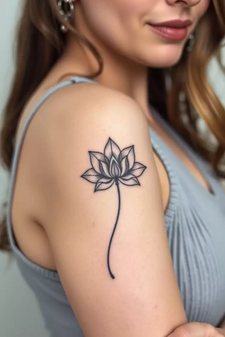 A close-up photo of a woman showing her blackwork lotus flower arm tattoo design.  