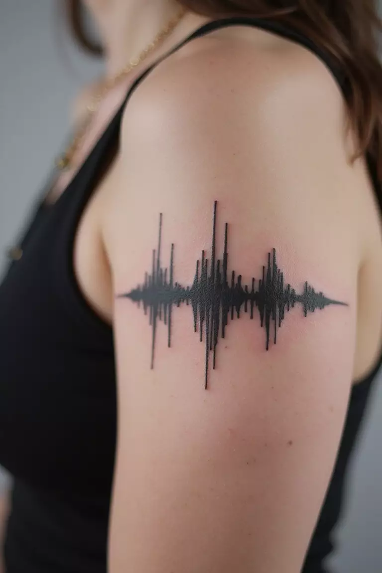 A close-up shot of a woman showing her black ink simple sound wave tattoo on her arm.