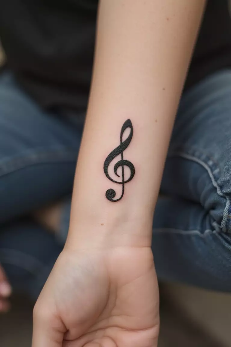 A close-up shot of a woman showing her black ink small eighth note tattoo design on her inner wrist