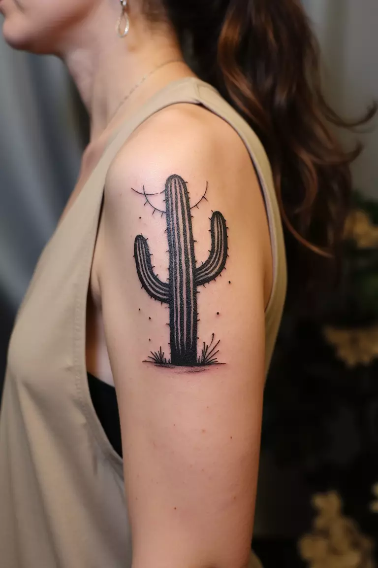 A close up shot of a woman showing her black ink cactus tattoo with a crescent moon in the background on her arm  