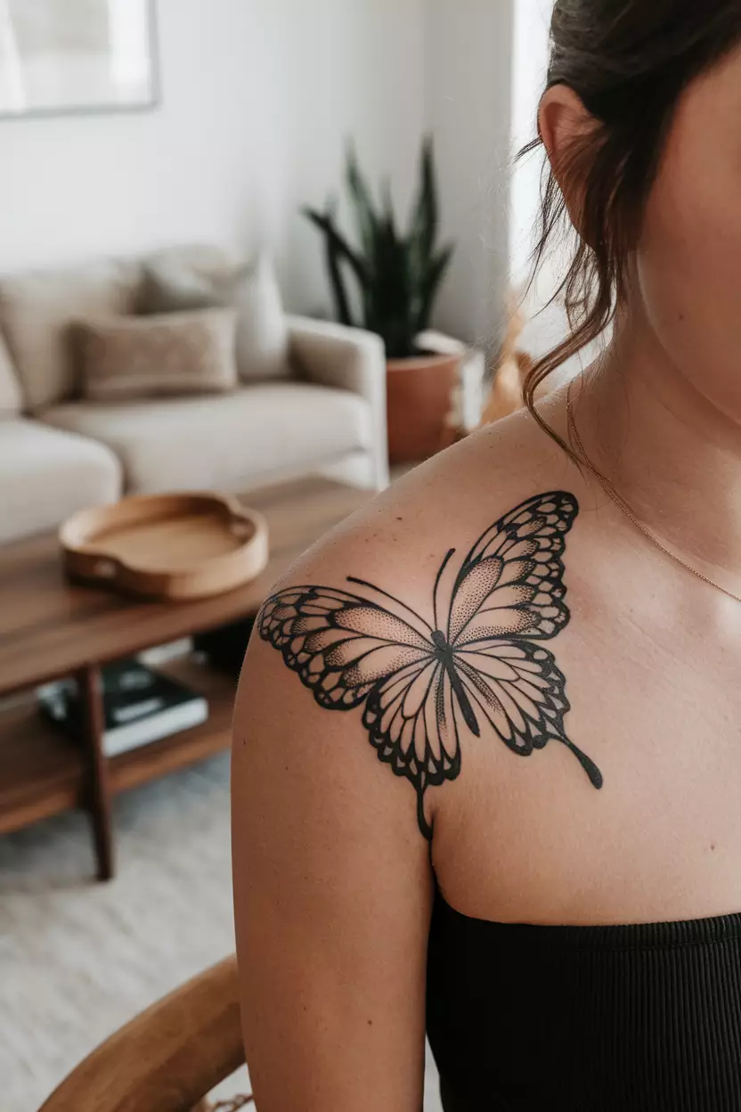 A close-up photo of a woman showing her black butterfly tattoo featuring lace-like patterns that symbolize femininity and elegance in body art, tattoo design, living room background