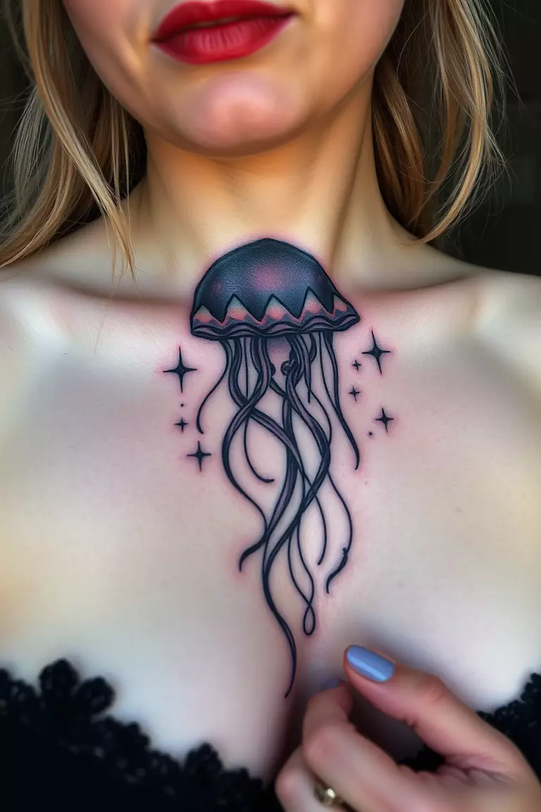 A close-up photo of a woman showing her celestial jellyfish tattoo with stars.  
