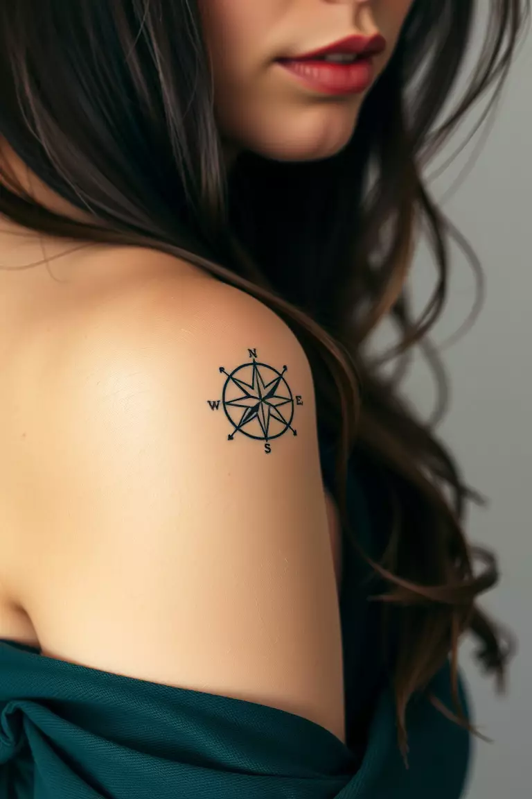 A close-up shot of a woman showing her black ink minimalist compass rose tattoo design on her arm