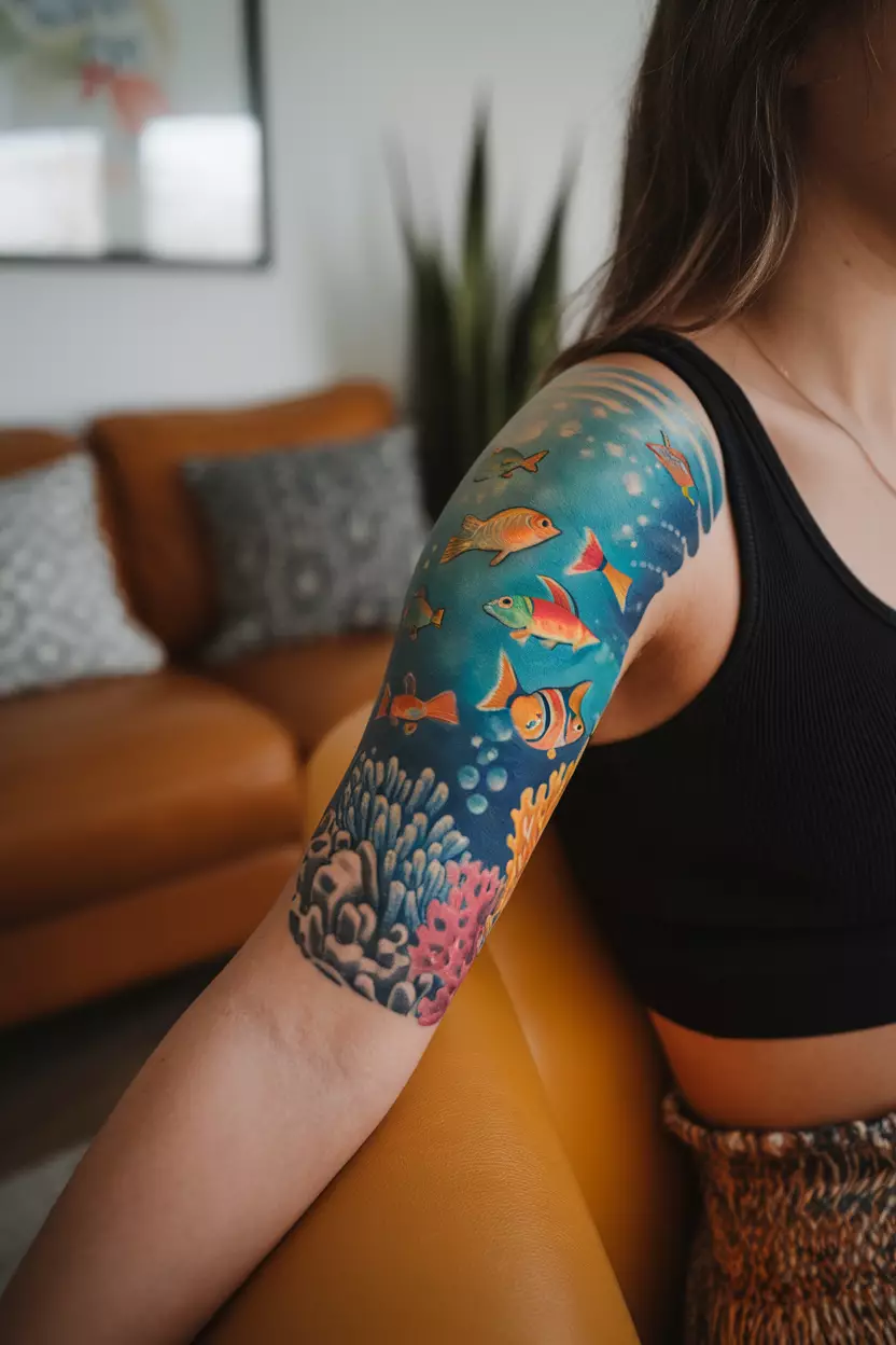 A close-up photo of a woman showing her underwater scene tattoo featuring colorful fish swimming among coral, capturing the lively essence of ocean life, tattoo design, living room background