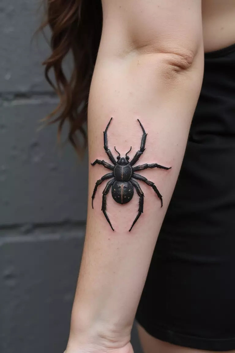 A close-up shot of a woman showing her black ink geometric tarantula tattoo design with clean lines and shapes on her arm
