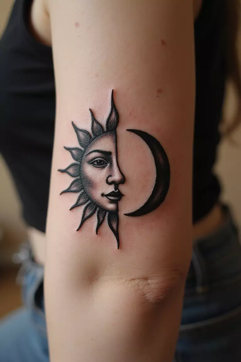 A close-up shot of a woman showing her black ink combined sun and crescent moon, facing each other, tattoo design on her arm