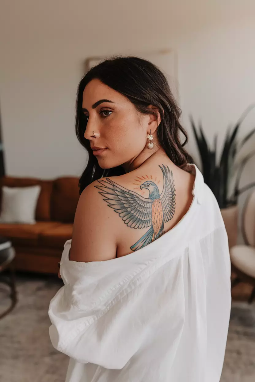 Colored Horus on Arm Tattoo A photo of a woman with a colored Horus tattoo, living room background