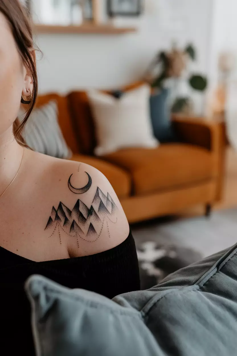 A close-up photo of a woman showing her tattoo of a crescent moon hanging over mountain peaks, tattoo design, living room background