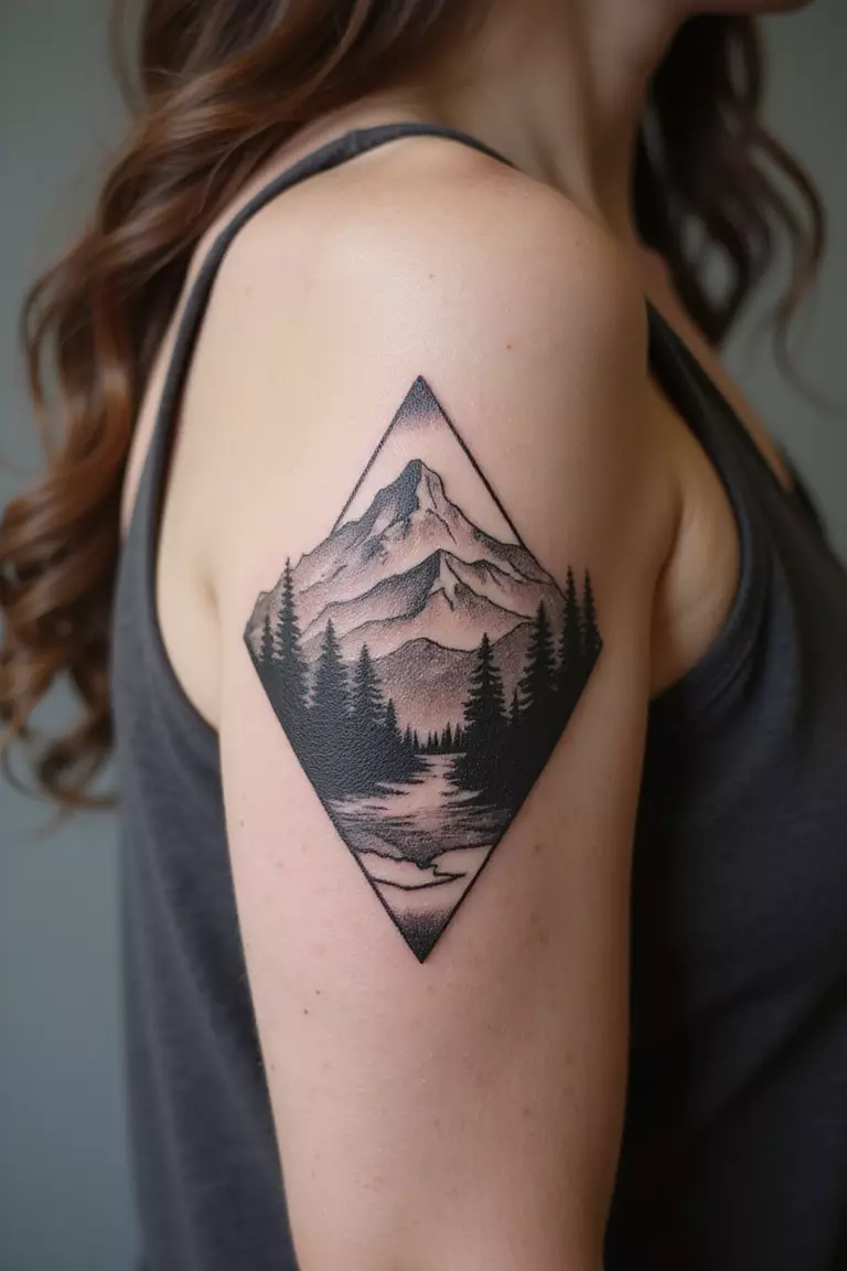 A close-up shot of a woman showing her black ink geometric mountain range tattoo on her arm