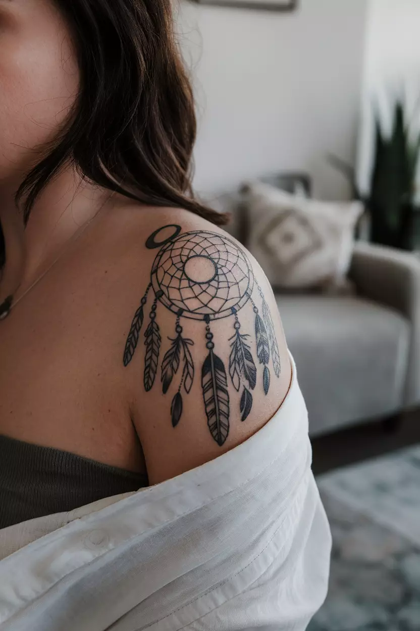 A close-up photo of a woman showing her tattoo of a dreamcatcher with a crescent moon as its center, tattoo design, living room background